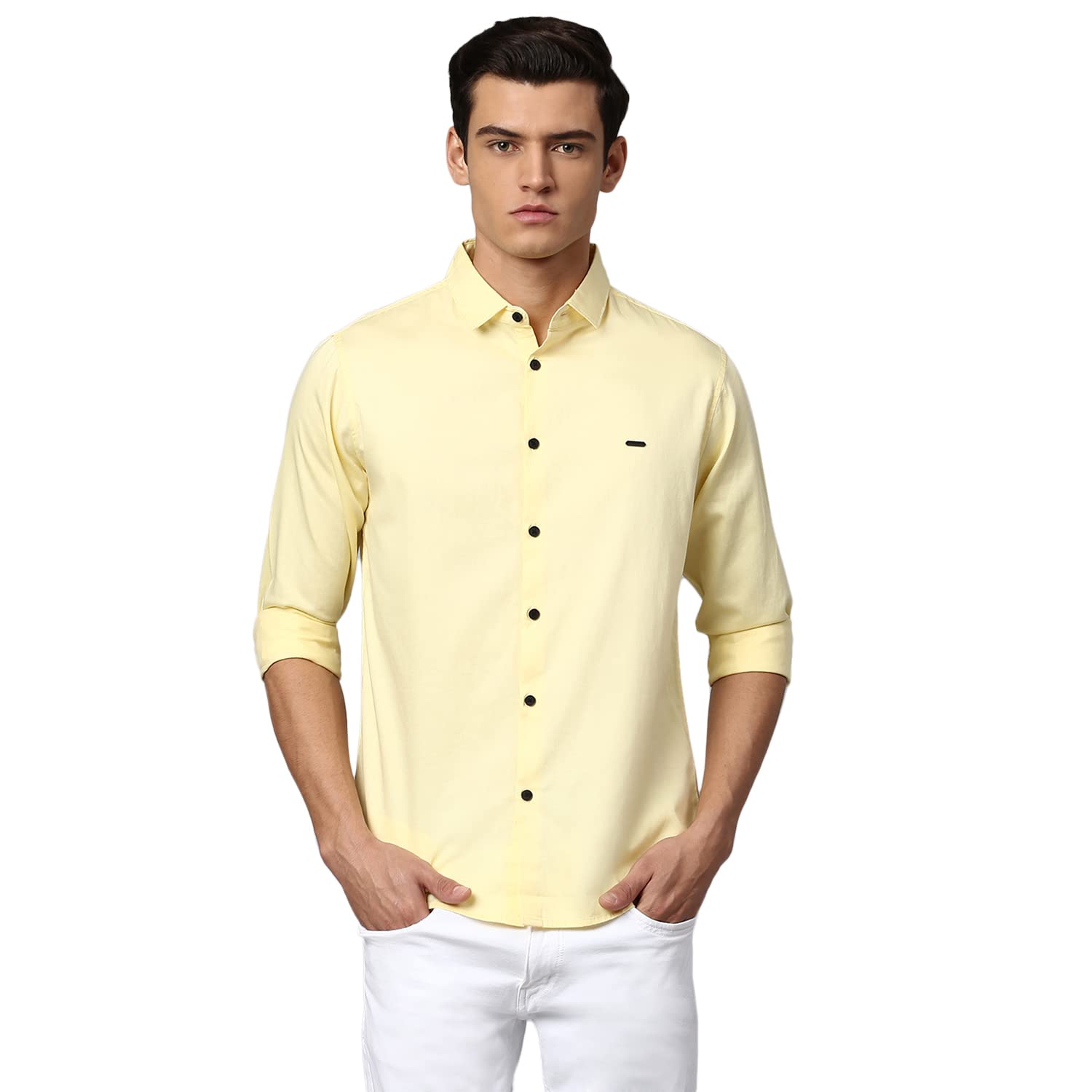 Men's Cotton Solid Slim Fit Casual Shirt with Pocket, Full Sleeve Shirt for Formal & Casual Wear (Yellow)