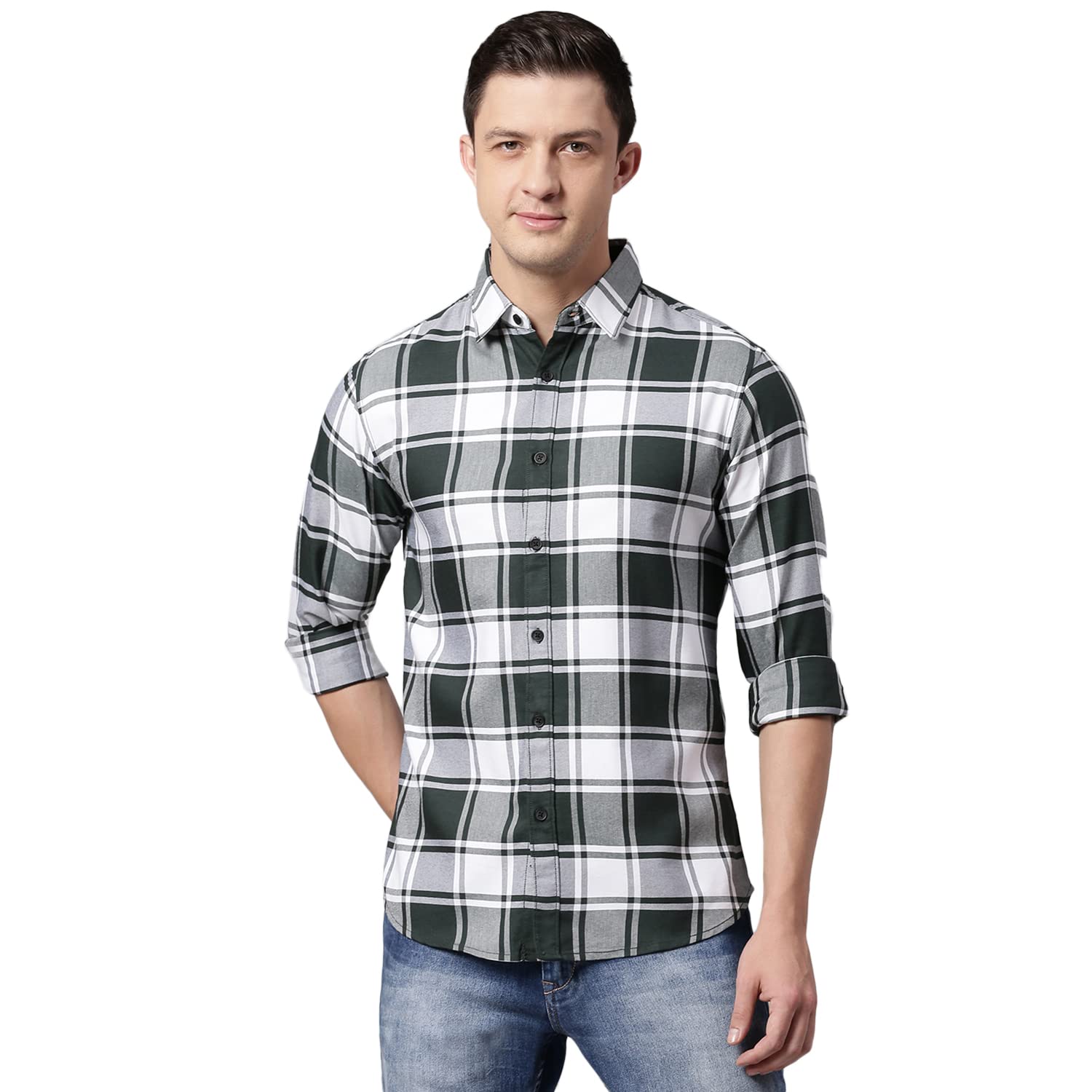 Men's Checkered Slim Fit Casual Shirt with Spread Collar & Curved Hemline (Multicolor)