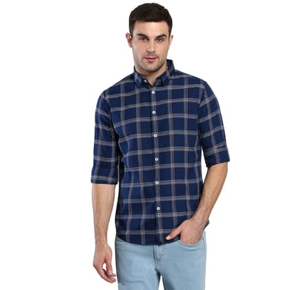 Men's Checkered Slim Fit Cotton Casual Shirt with Spread Collar & Full Sleeves (Blue)