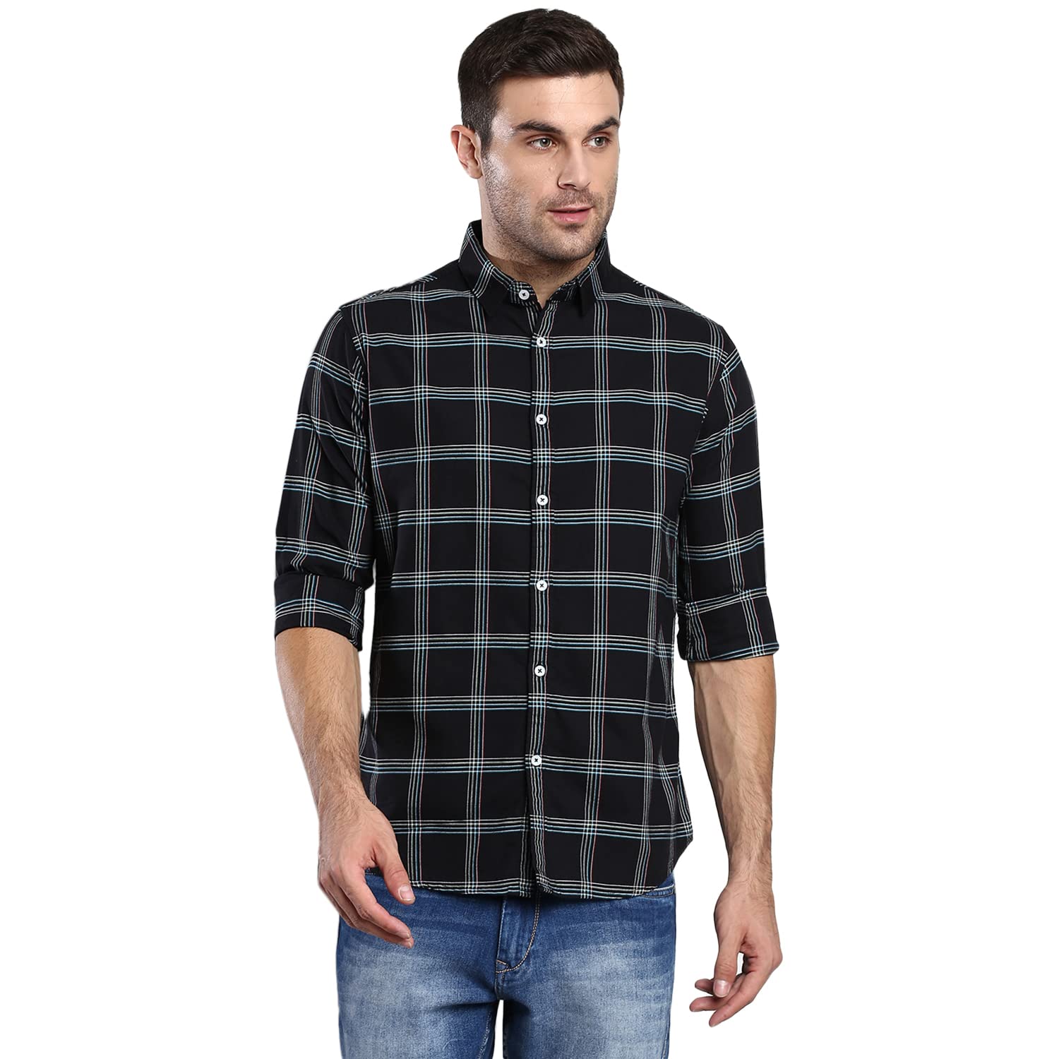 Men's Checkered Slim Fit Cotton Casual Shirt with Spread Collar & Full Sleeves (Black)