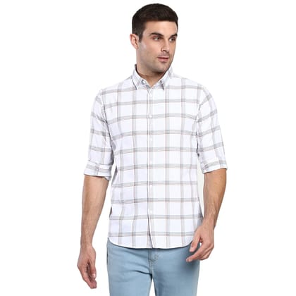 Men's Checkered Slim Fit Cotton Casual Shirt with Spread Collar & Full Sleeves (White)