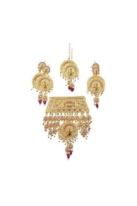 Yash Jewellery Gold Plated Rajasthani Dangling AD/CZ Necklace Set for Women with Peacock Earrings Tika raajwadi royal traditional multicoloured aad set ideal for women
