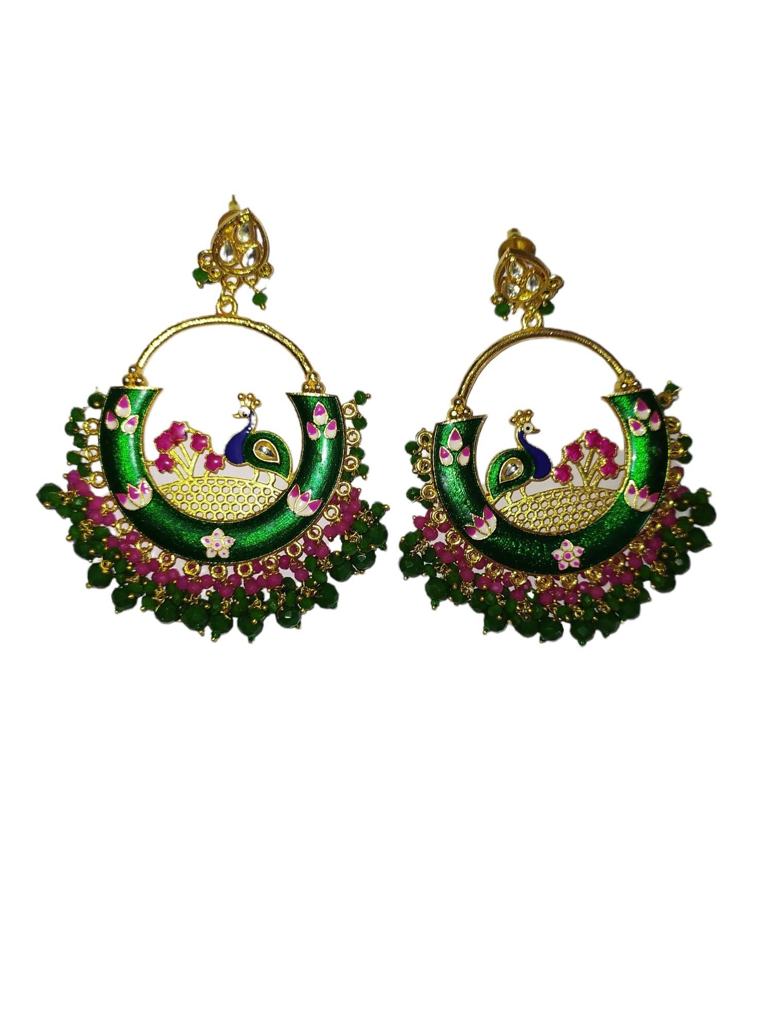 Gold-Plated Stones Studded Meenakari Jhumka Earrings in Green color wi –  Priyaasi