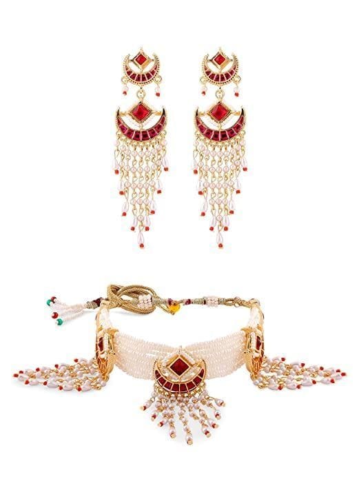 Yash JewelleryCrescent Multistrand Pearls Cascading Choker Necklace & Earring Set For Women