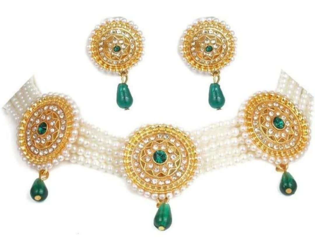 NIKYANKA green American studded white Rajputi Rajasthani necklace set with earrings for women