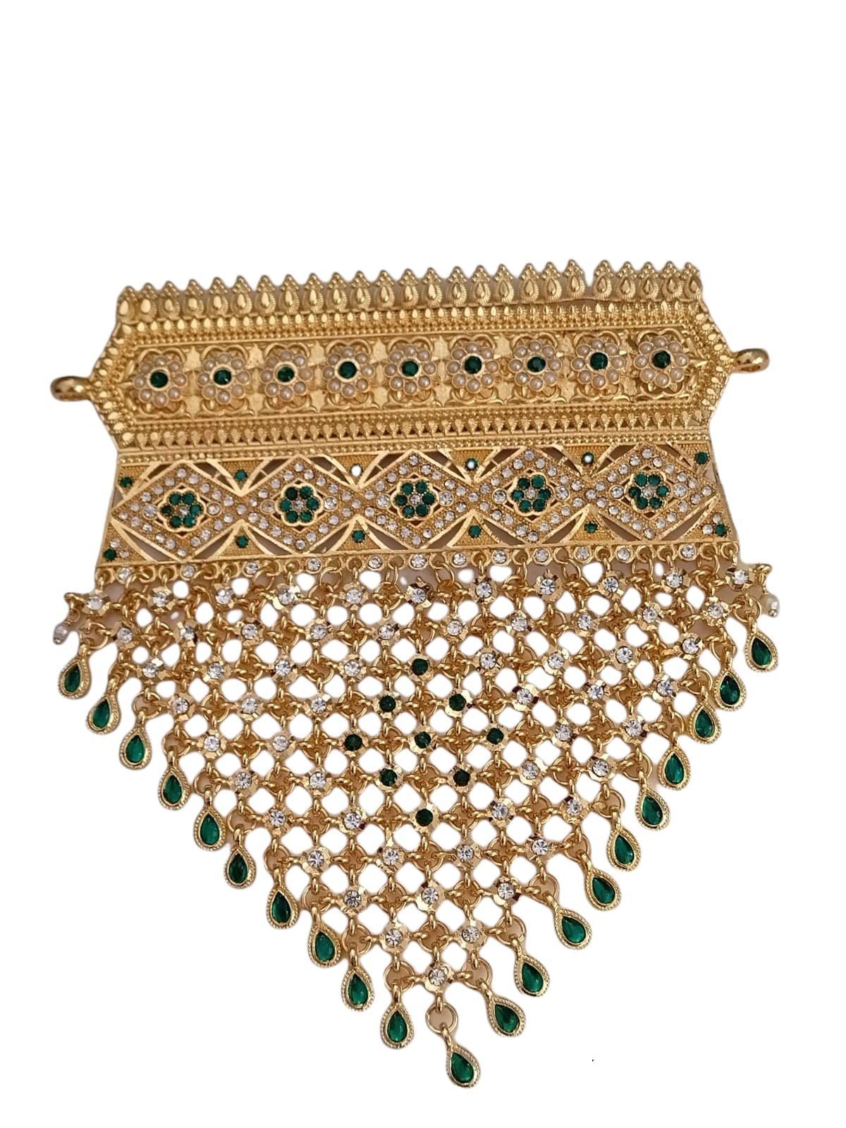 Sparkling Gold Plated Rajputi Jadau Aad/Necklace (5inch X 4inch) with Multiple Rhinestones & Beads