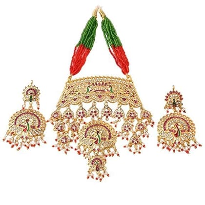 Yash Jewellery Gold Plated Rajasthani Dangling AD/CZ Necklace Set for Women with Peacock Earrings raajwadi royal traditional multicoloured aad set ideal for women