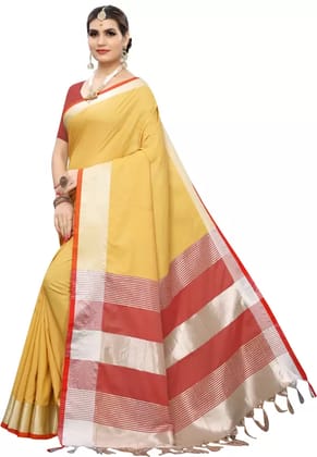 Cotton Silk Lined Mix Colors Saree for Women (Yellow & Red)