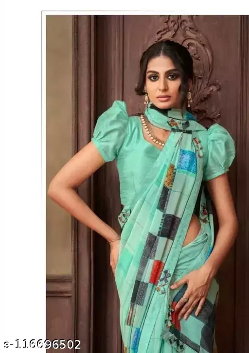 Pista Linen Saree With Patta Printed