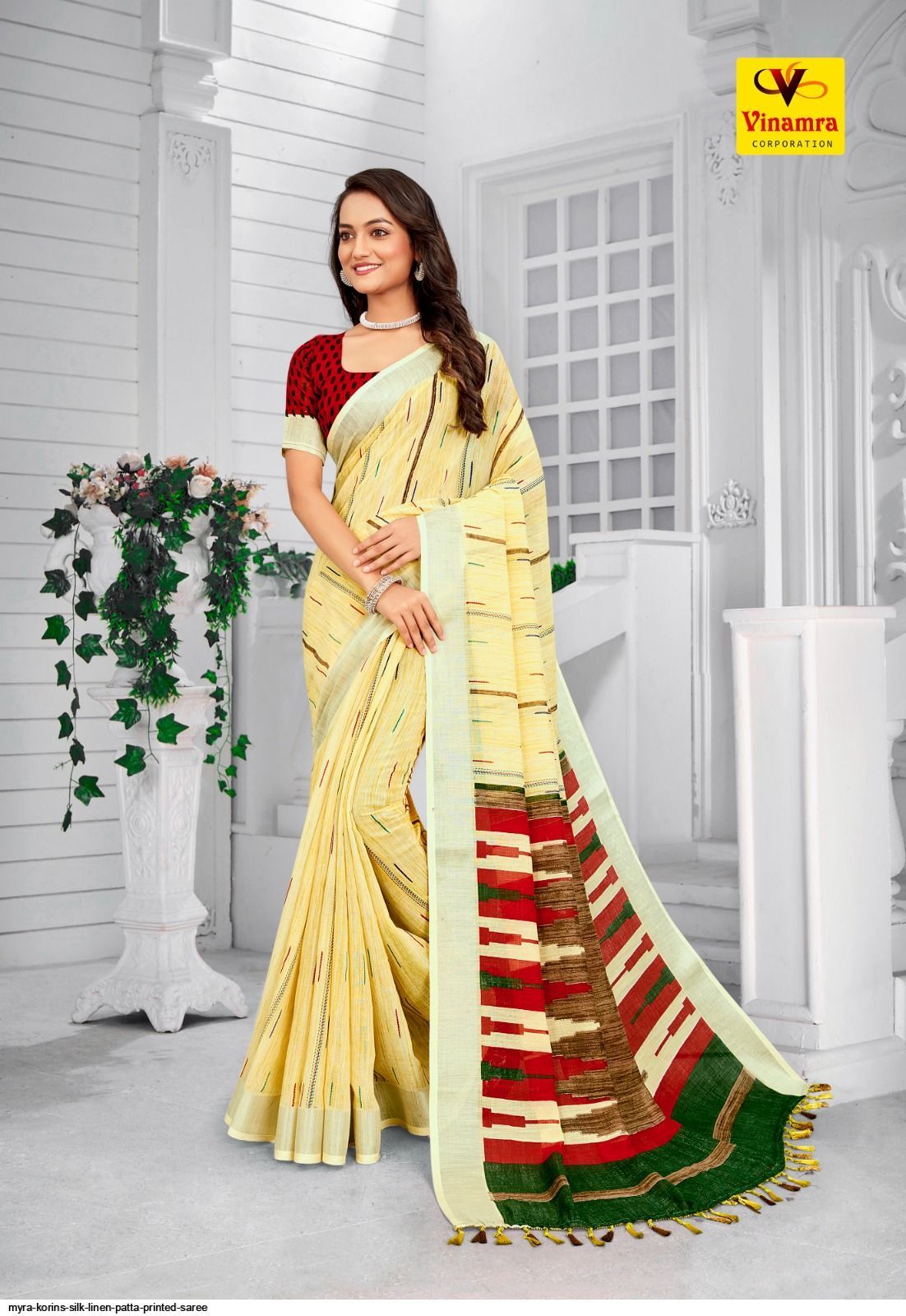 Yelow Linen Saree With Patta Printed