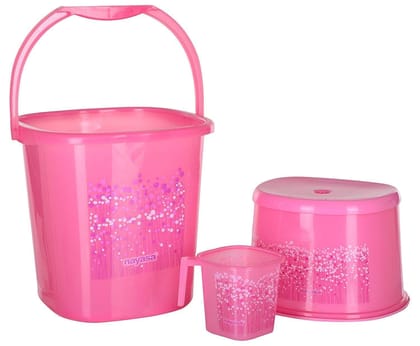 Nayasa Plastic Square Funk Bucket Matching Funk Mug and Matching Stool/Patla Set of 3 by Bansal Group (Pink)