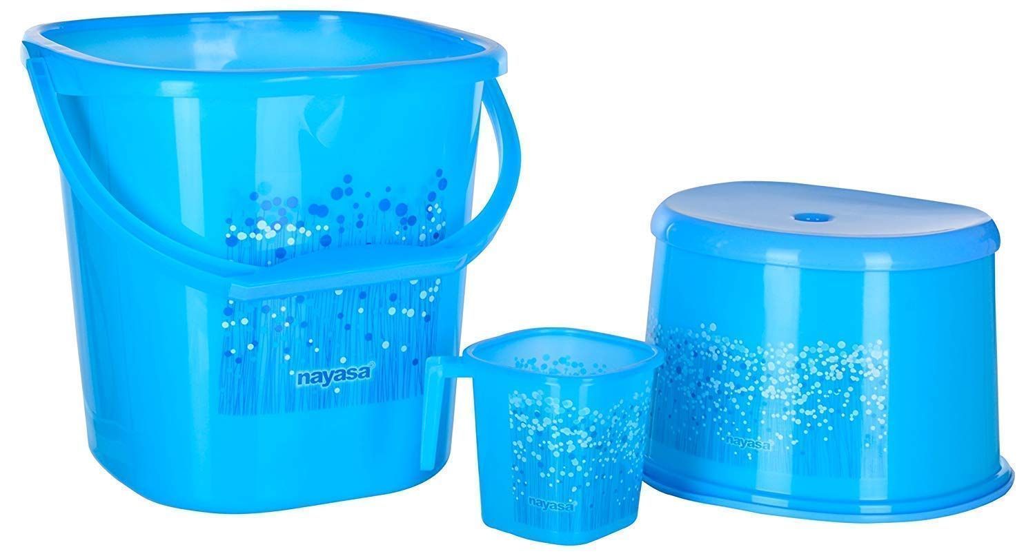 Nayasa Bucket 18 Liter with Stool/Patla and Mug (Set of 3, Blue) by Krishna Enterprises