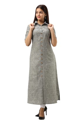 JAIPURETHNICWEAVES Women's Cotton Zig Zag Printed A-Line Kurta (Khaki)