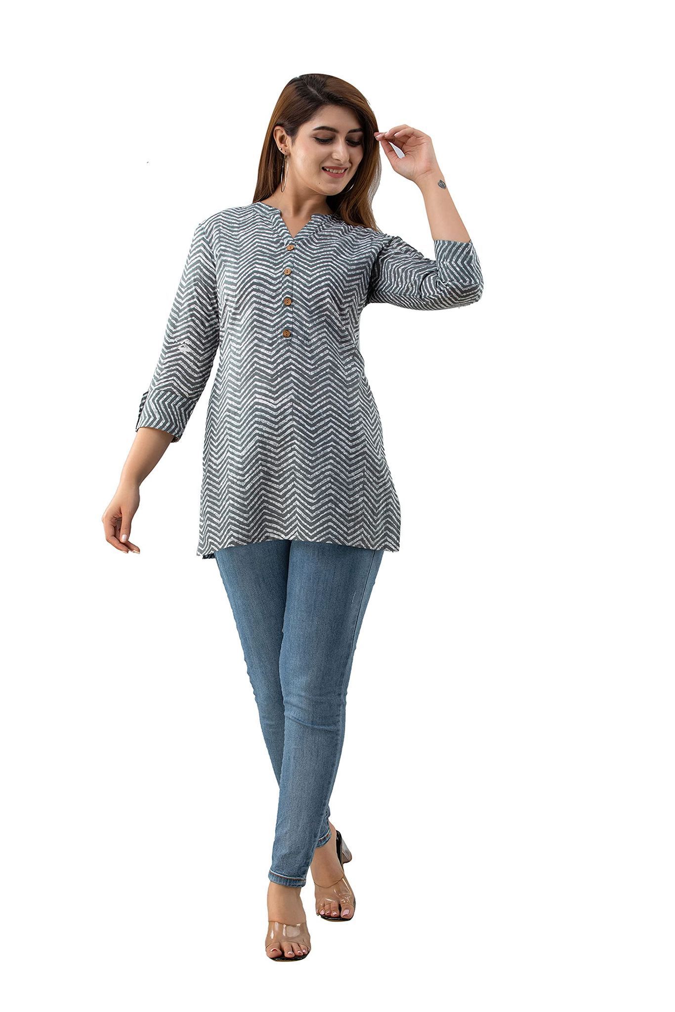 JAIPURETHNICWEAVESWomens Cotton Cambric Block Print Straight Tunic (Grey)