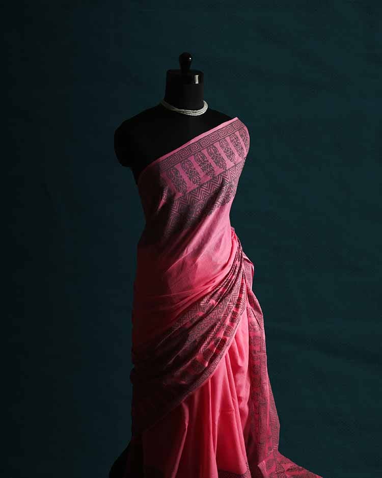 Pink Hand Block Printed Mul Cotton Saree