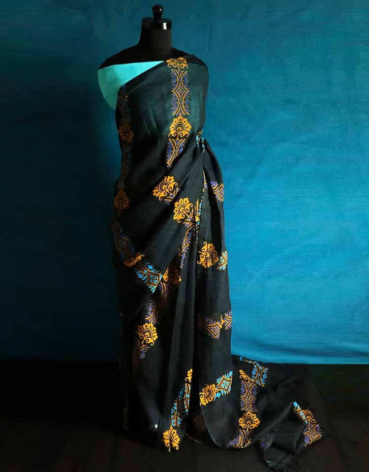 Pure Hand Block Printed Linen Saree