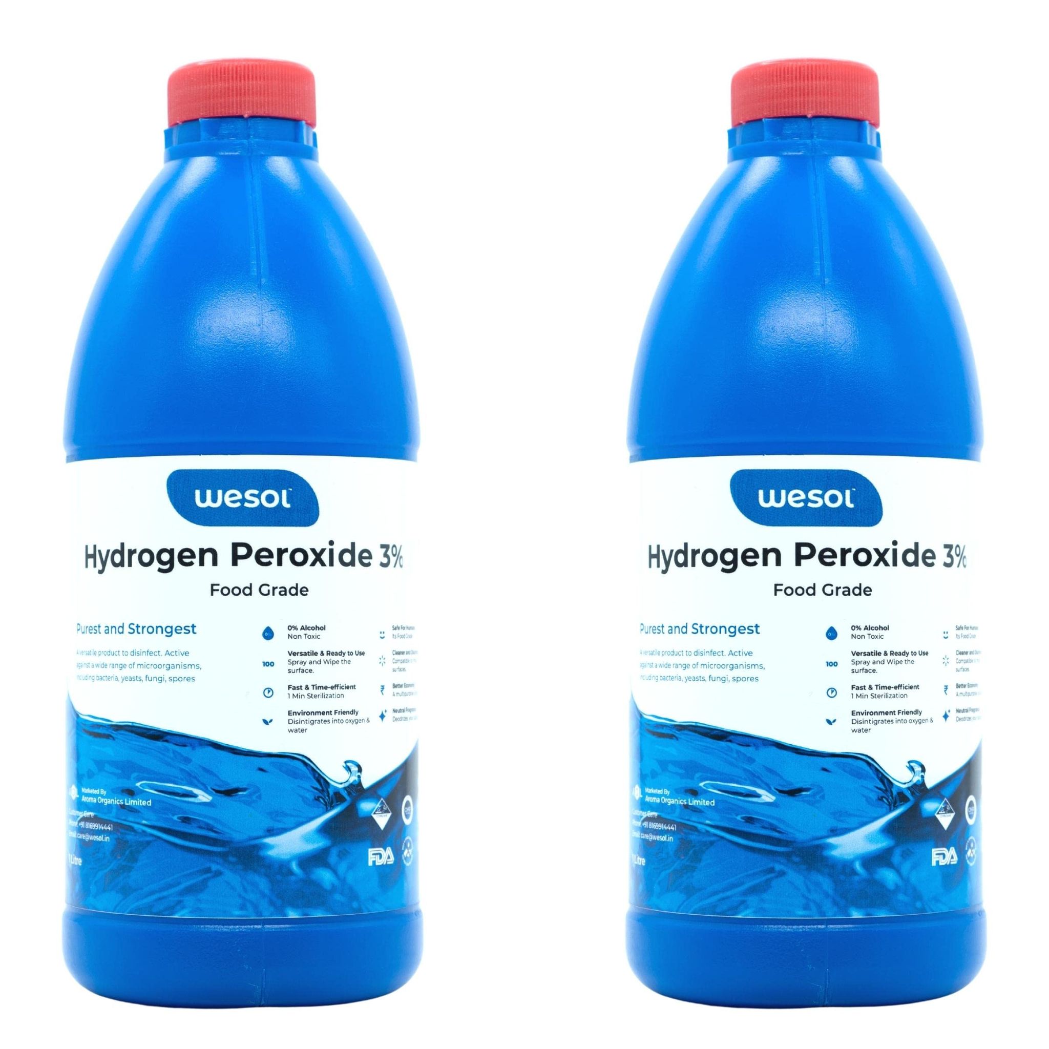 Wesol Hydrogen Peroxide 3% Food Grade Multi-Use Disinfectant |Kills 99.9% Germs & Viruses | 1 Litre (Pack of 2)-Best For Cleaning, General disinfection, deodorising, Hydroponics, Food production unit