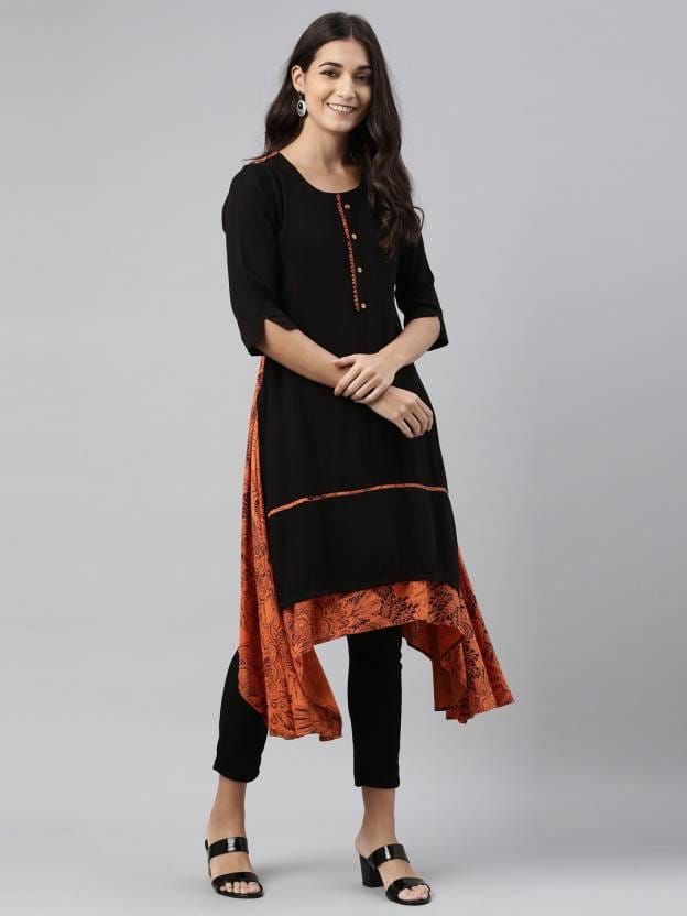 Women Printed Viscose Rayon Straight Kurta  (Black)