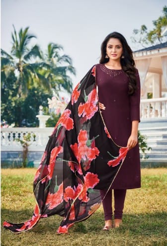 Embroidered Designer Chanderi Cotton Salwar Suit - Wine ( Unstitched )