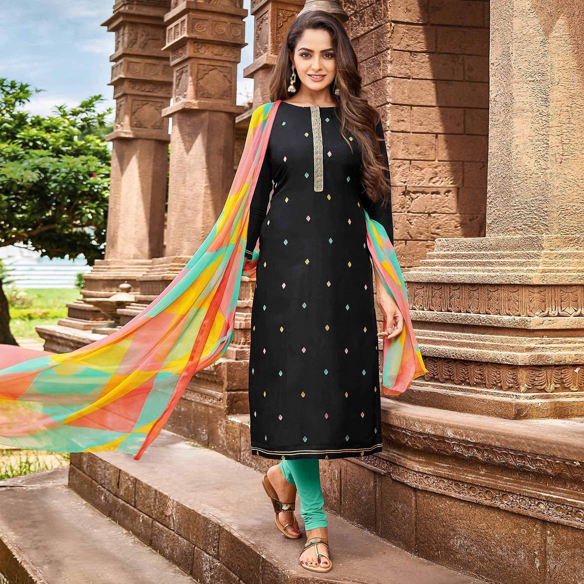 Black Casual Wear Floral Embroidered Chanderi Dress Material ( Unstitched )