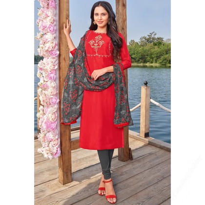 Red Cotton Straight Cut Churidar Suit ( Unstitched )