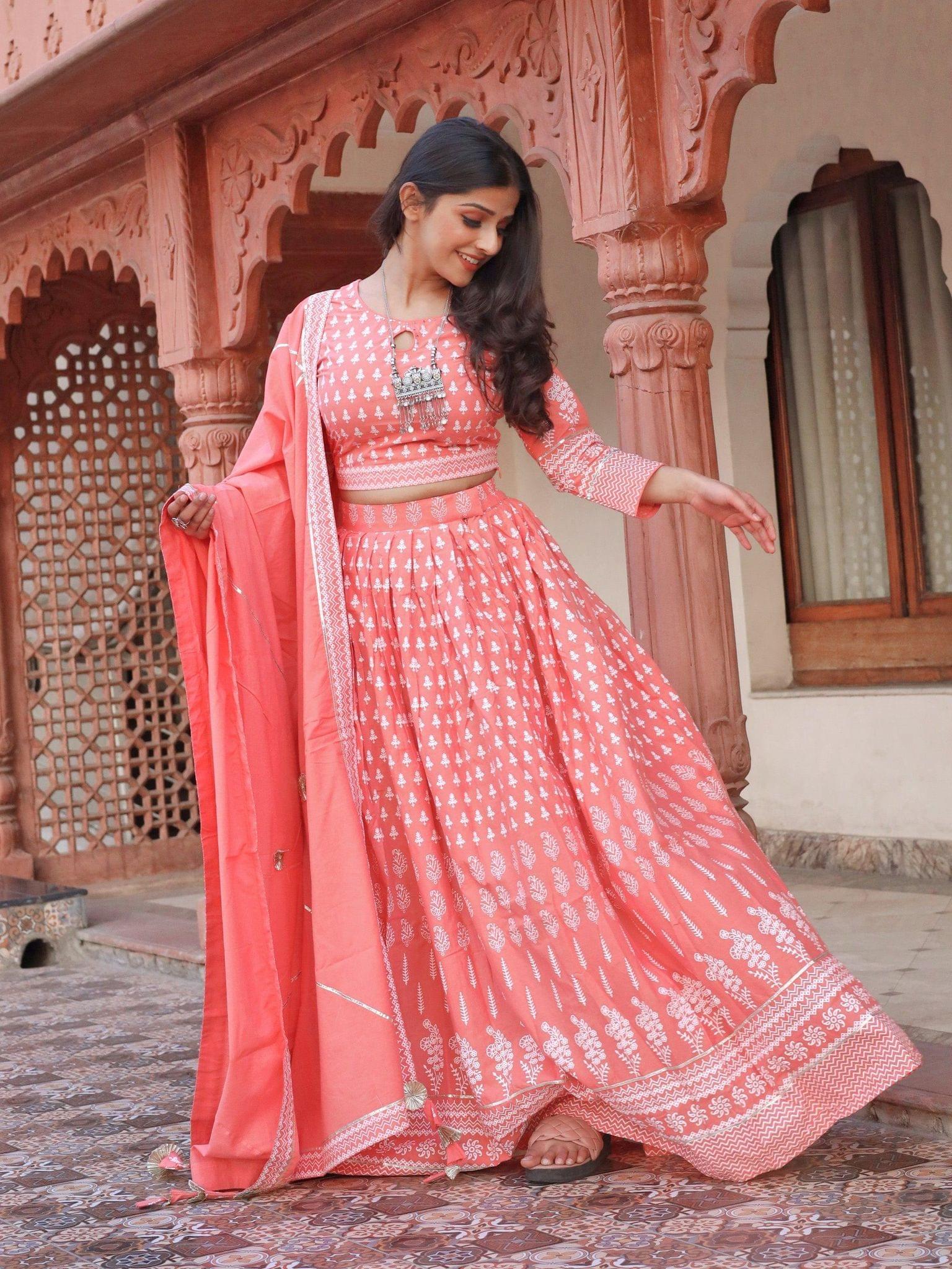 Pink sequined crop top and georgette flared lehenga with dupatta - set of  three by The Anarkali Shop | The Secret Label