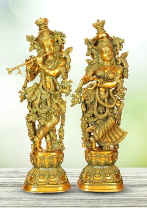 ARTVARKO? Brass Lord Radha Krishna Couple Bhagwan Large Statue Gold Polish Murti for Home Decor Pooja Temple Room Gallery Gift Sculpture Height 29 Inch