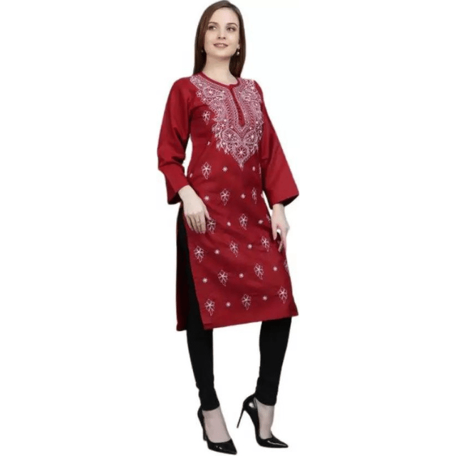 Branded & Stylish Lakhnawi Chikankari Women's Maroon Cotton Kurti for Summer