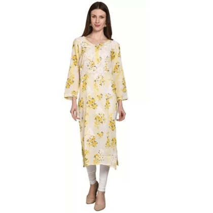 Women Chikan Embroidery Cotton Blend A-line Kurta  (Yellow)