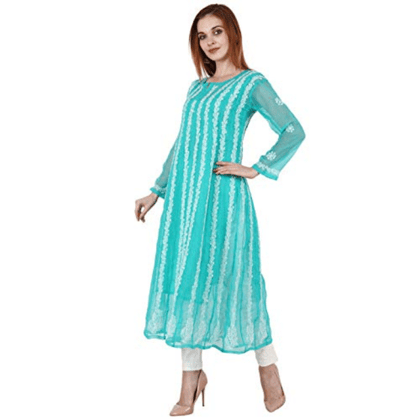 Women's Lucknow Chikan Hand Embroidered Anarkali Style Sky Blue Georgette Kurta Kurti