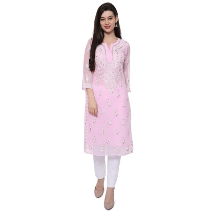 Lakhnawi Chikankari Pink Gorgette Long Kurti with gota patti work