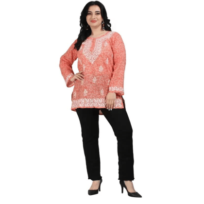 Women Chikan Embroidery Cotton Blend Straight Kurta  (Peach)