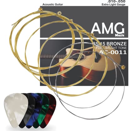 AMG Music Guitar Strings Set of 6 Stainless Steel Guitar Strings Full Set Replacement of Strings for 6 String Acoustic Guitars with Hollow Ball End Guitar Accessories