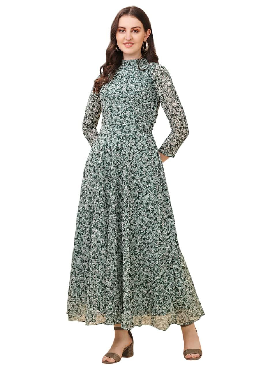 Rajkumari Yellow georgette fabric with shantoon lining double flared maxi  dress for women at Rs 1550/piece in Noida