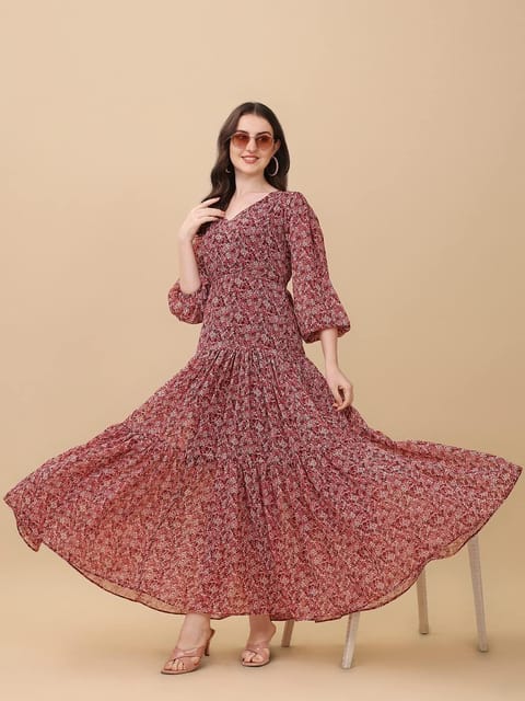 Red Color Trendy Georgette Floral Print Women's Gown - XS