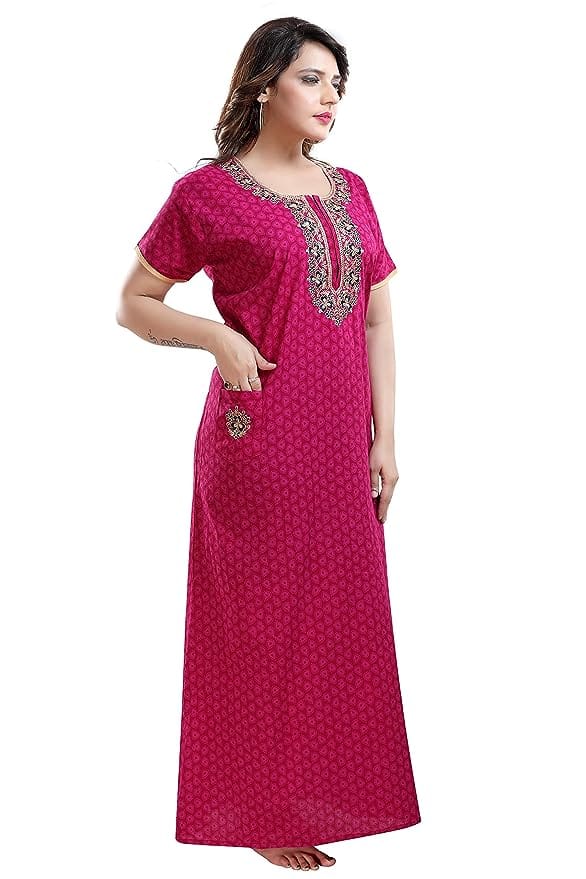 TRUNDZ Women's Cotton Embroidered Maxi Night Gown (2193-2196_Pink)