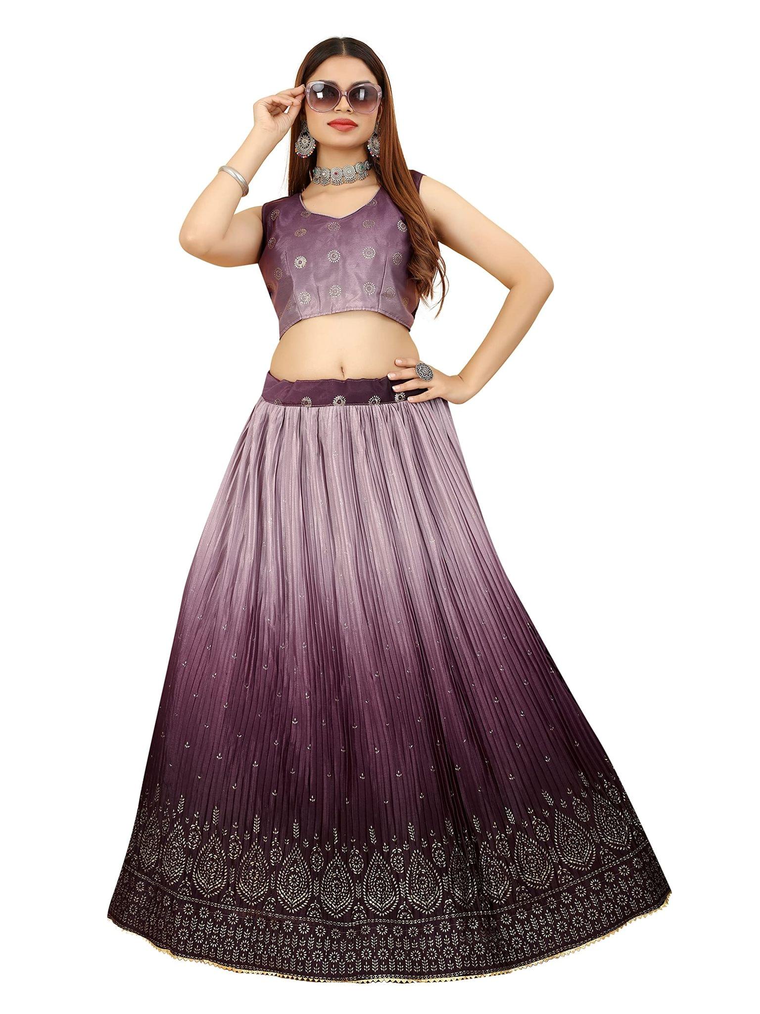 Dream Crushers Women's Designer Bollywood Style Crush Chinon Silk Dual Tone Foil Printed Work Lehenga with Crop Top Blouse