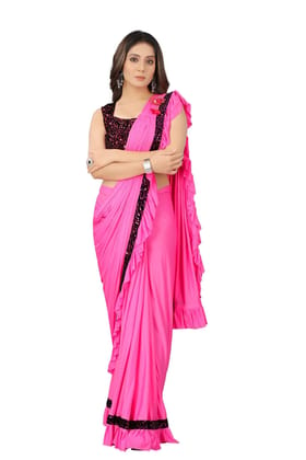 Dream Crushers Women's Designer Ready to Wear Lycra Saree And Unstitched Blouse Piece (BLACK)