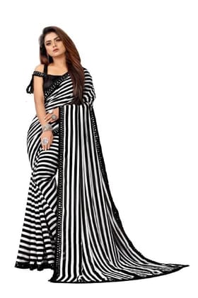 Dream Crushers Women's Georgette Black & White Striped Saree Zebra style Printed Lining Pattern with Sequence Lace Border with Blouse Piece