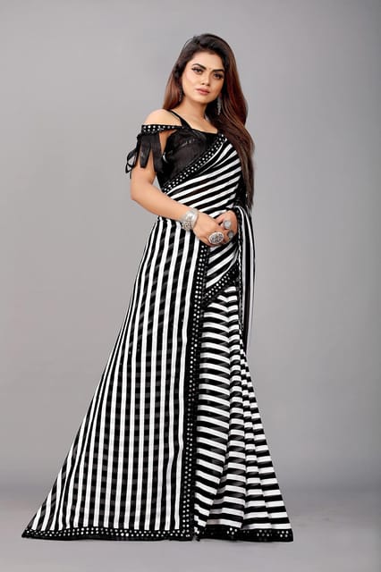 Licorice Black and White Printed Georgette saree – MySilkLove