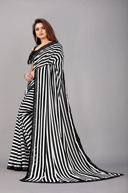 Buy sareya veela Striped Bollywood Georgette White, Black Sarees Online @  Best Price In India | Flipkart.com