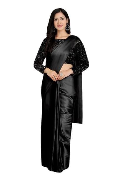 Dream Crushers Saree for Women, Solid Sari with Sequence Worked Unstiched Blouse Piece, Satin Silk Saree