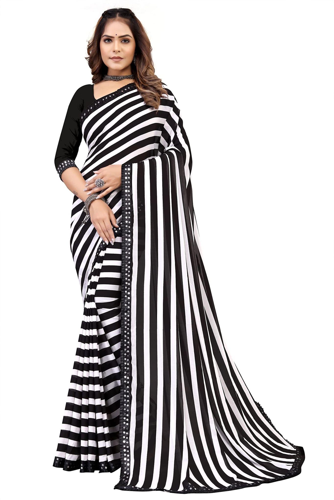 Dream Crushers Women's Georgette Black & White Zebra style Printed Lining Pattern with Sequence Lace Border with Blouse Piece