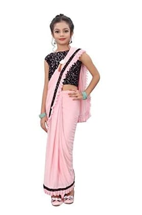 Dream Crushers Kids Ready to wear saree Girls Stylish Fashionable | Stitched saree with Sequinece Blouse Piece (XS)