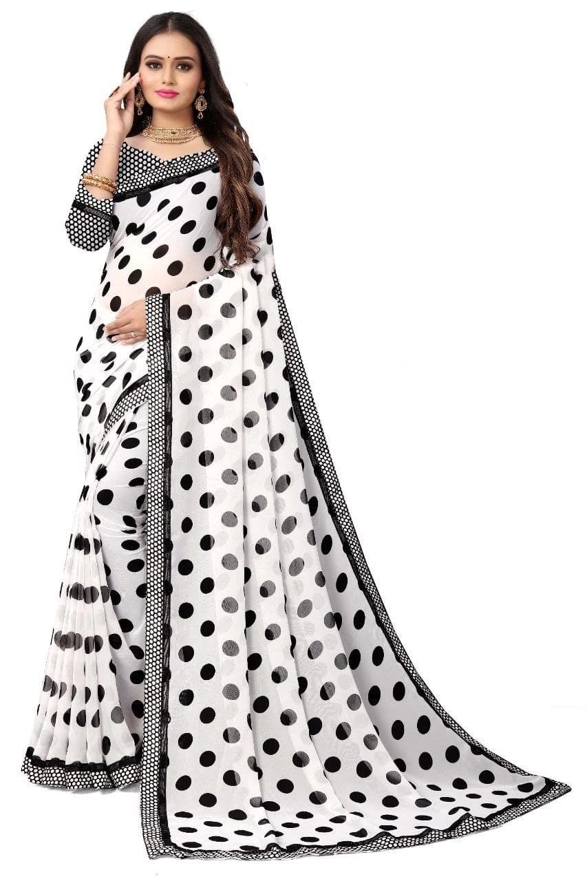 Dream Crushers Women's Polka Print,Floral Print,Fashion Silk Blend Saree (Black, White)