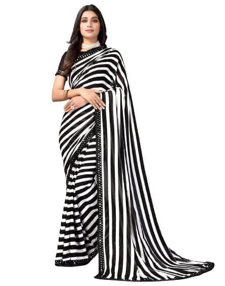 Abstract White & Blue Digital Printed Satin Crepe Silk Saree –  zarikaariindia.com