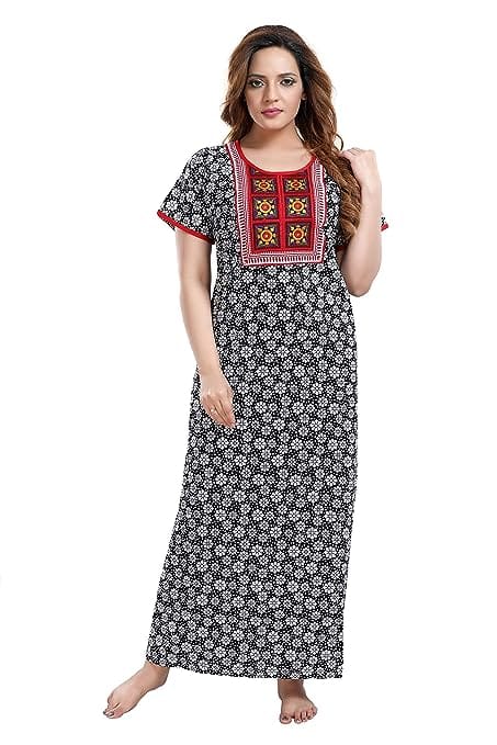 TRUNDZ Women's Cotton Printed Maxi Nighty (NTY2376_White_Free Size)