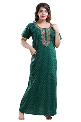 TRUNDZ Women's Cotton Embroidered Maxi Nighty (2193-2196_Green_Free Size)