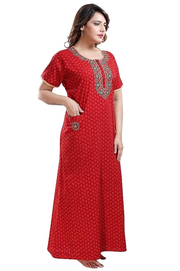 TRUNDZ Women's Cotton Embroidered Maxi Nighty (2193-2196_Red_Free Size)