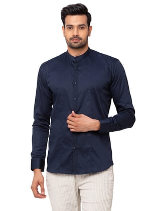 Navy Blue Formal Shirt with Mandarin Collar